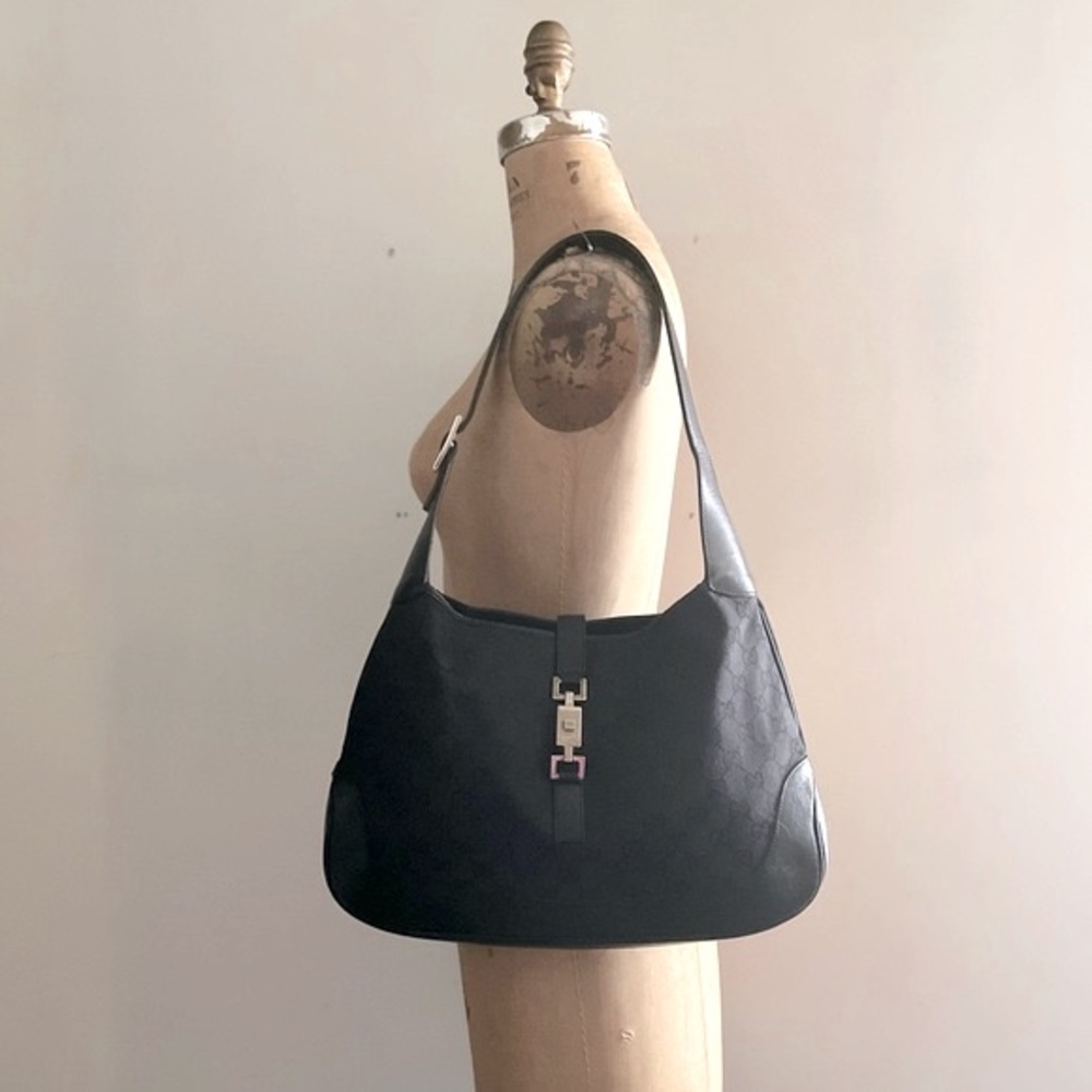 GUCCI] Black GG Canvas Leather Classic Large Jackie bag with dust bag